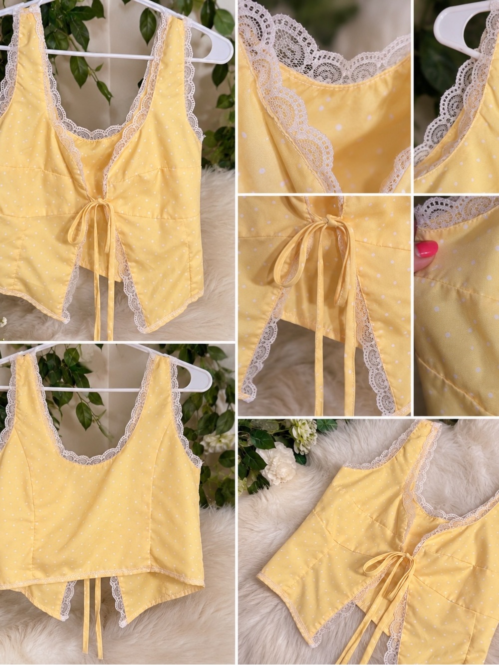Women's NWOT Yellow Lace-Trim Tie-Front Fitted Polkadot Tank Top
